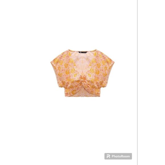 ZARA PRINTED LINEN BLEND TOP ORANGE/PINCK SIZE XS 7980/614 - Picture 1 of 4